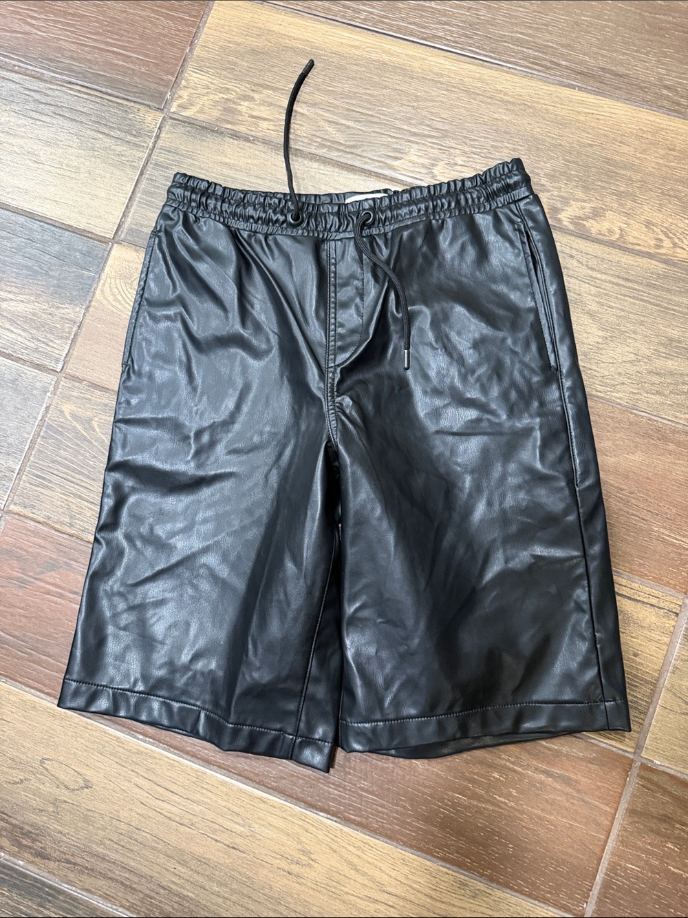 Topman Black Faux Leather Flat Front Drawstring Shorts